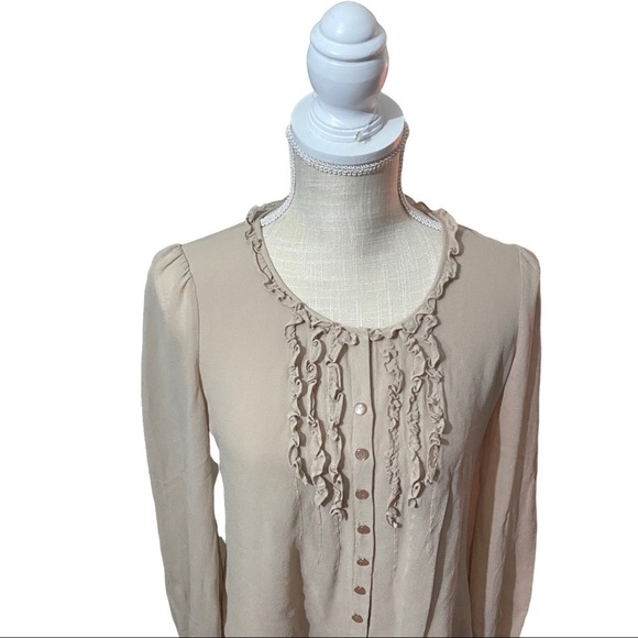 Pendleton Khaki Semi-Sheer 100% Silk Ruffled Neck Button Front LS Blouse Women 8 - Picture 2 of 10